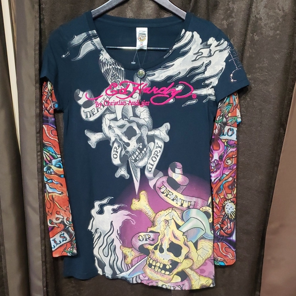 Ed Hardy Women's Christian Audigier Long Sleeve Black with Multicolor Graphics